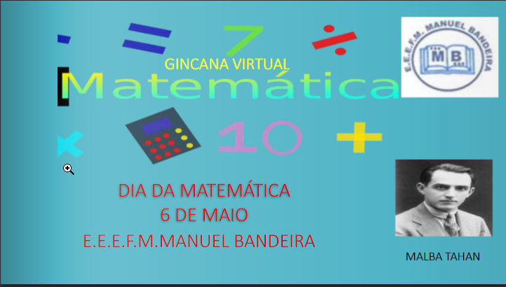 Capa do livrinho em azul com simbolos matemáticos e números coloridos e foto do Malba Tahan